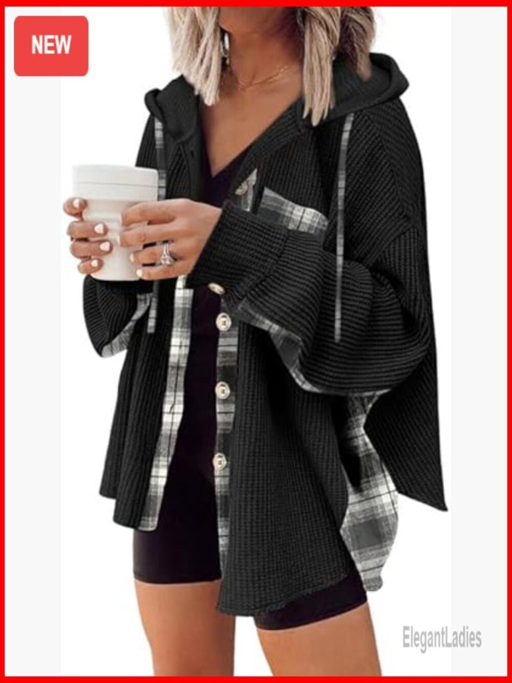 Waffle Knit Plaid Shacket Hooded Jacket Loose Fit Button Down Top